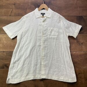 Club Room Luxury Mens Cream White 100% Linen Short Sleeve Button Down Shirt (L)